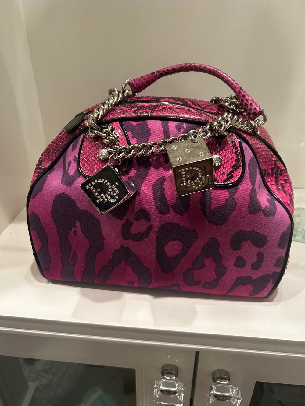 Dior Pink and Magenta Leopard-Print Satchel with Chain Charm - Picture 1 of 12